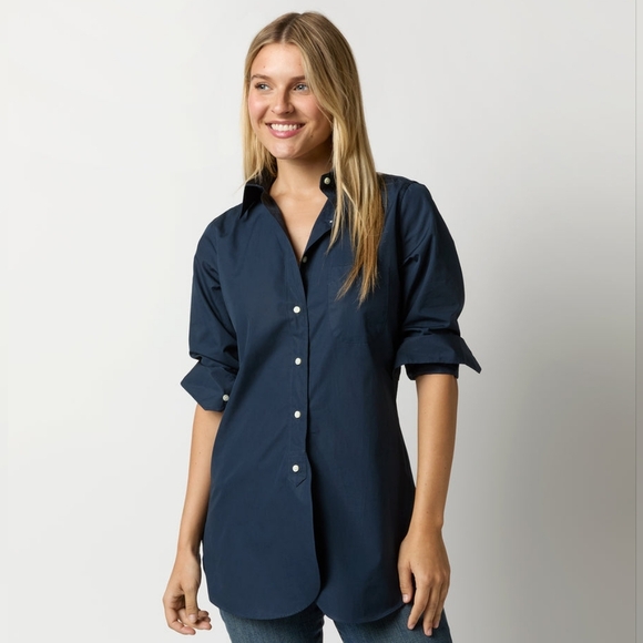 Ann Mashburn Button Up Boyfriend ShirtIn Navy Poplin Size Small Women's - Picture 1 of 16